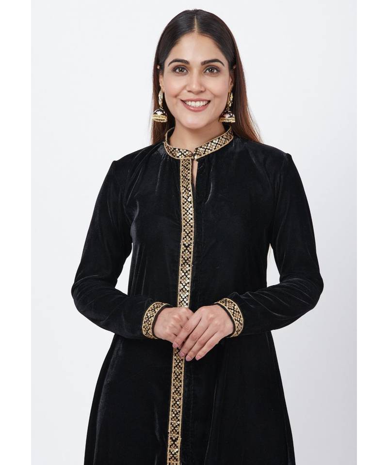 Black Collared Velvet Kurti with Straight Velvet Pants