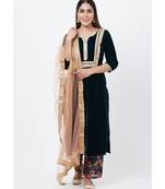 Green Velvet Straight Kurti with Printed Palazzos and Peach Stone Dupatta