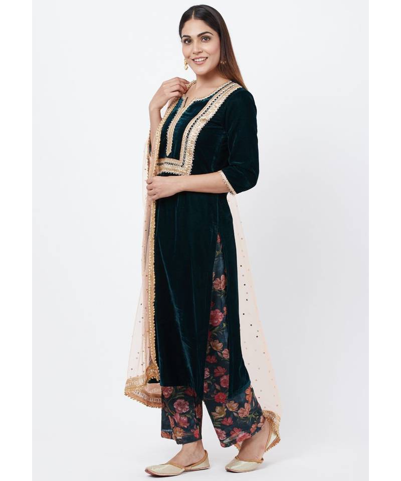 Green Velvet Straight Kurti with Printed Palazzos and Peach Stone Dupatta