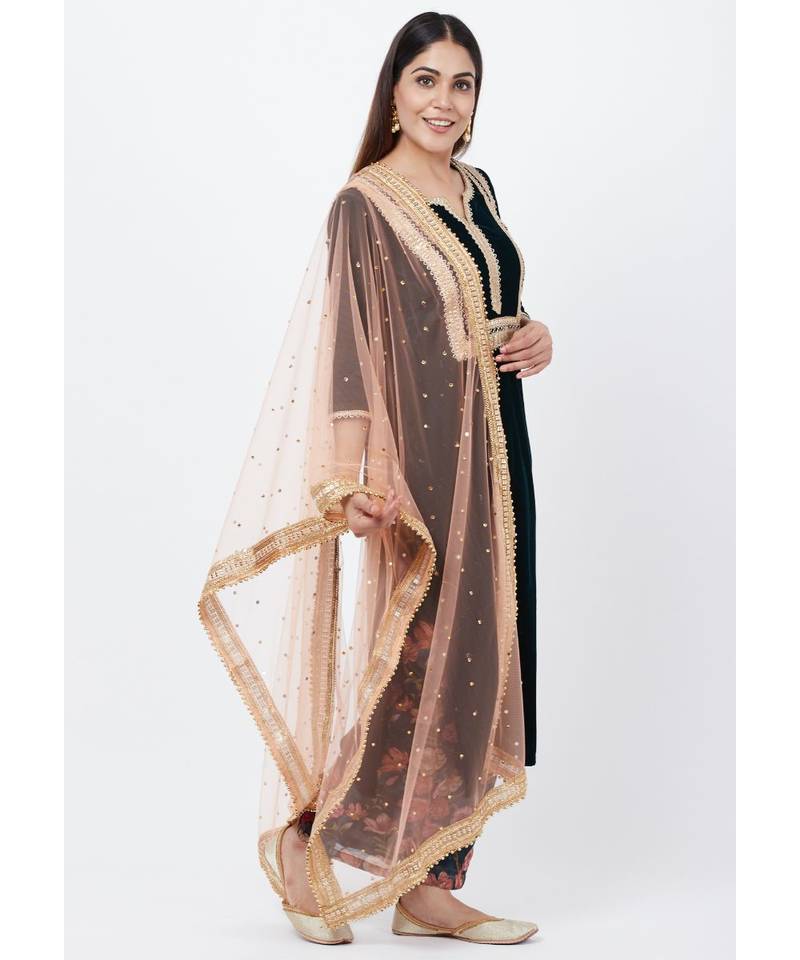 Green Velvet Straight Kurti with Printed Palazzos and Peach Stone Dupatta