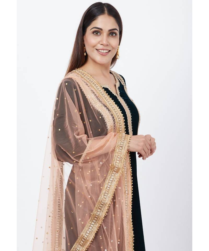 Green Velvet Straight Kurti with Printed Palazzos and Peach Stone Dupatta