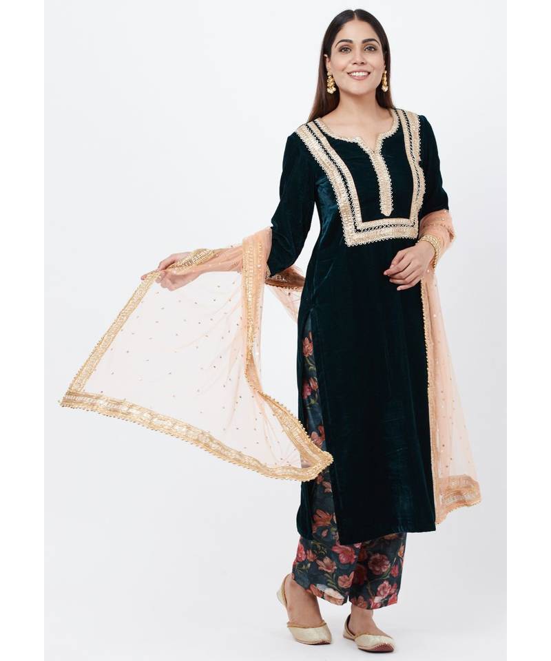 Green Velvet Straight Kurti with Printed Palazzos and Peach Stone Dupatta