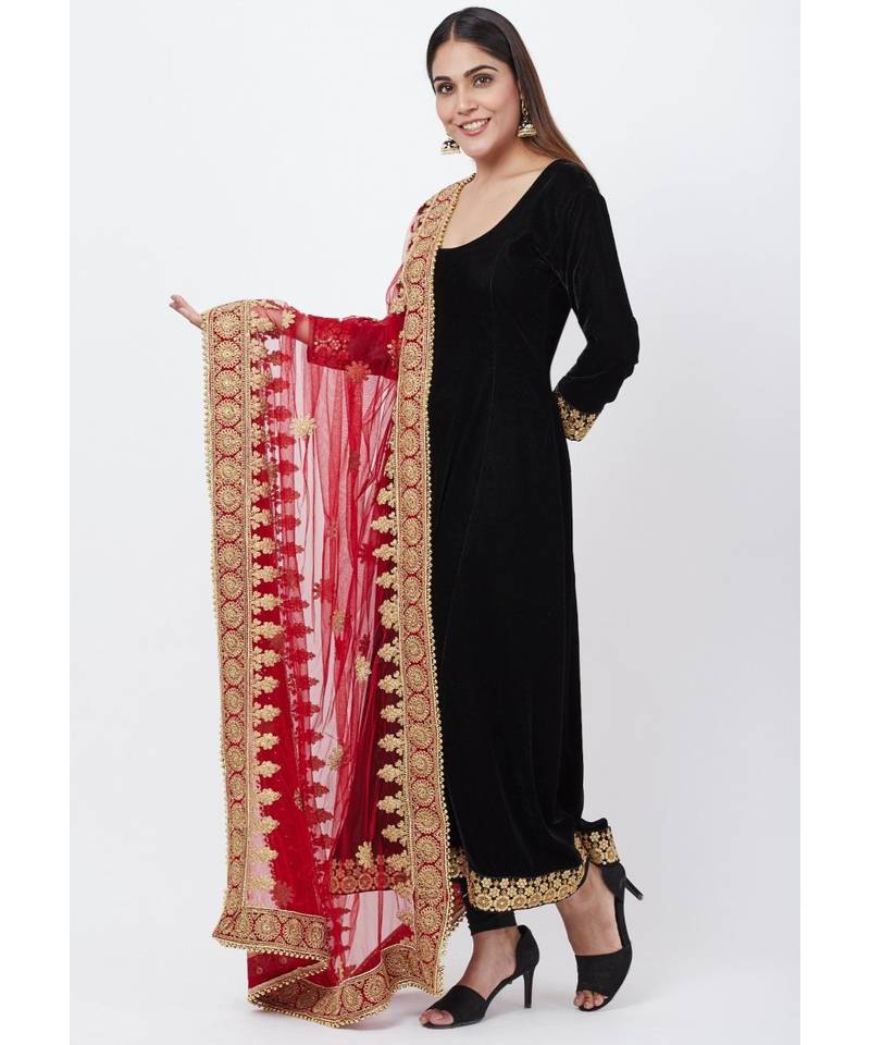 Black Velvet Border Anarkali with Churidar and Embroidered Net Dupatta