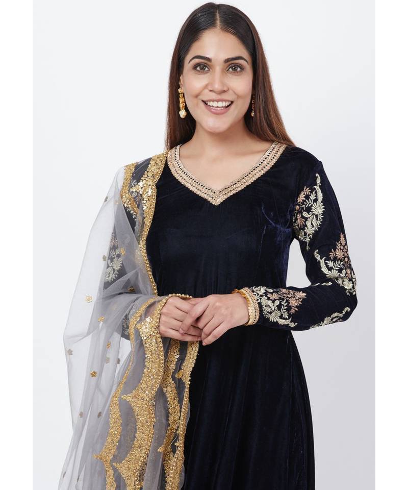 Navy Blue Velvet Floor Length Anarkali with Embroidered Sleeves and Sequenced Dupatta