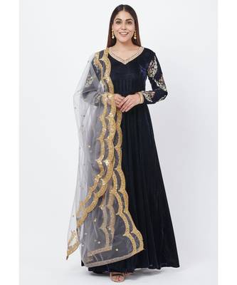 Navy Blue Velvet Floor Length Anarkali with Embroidered Sleeves and Sequenced Dupatta 1