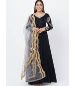 Navy Blue Velvet Floor Length Anarkali with Embroidered Sleeves and Sequenced Dupatta