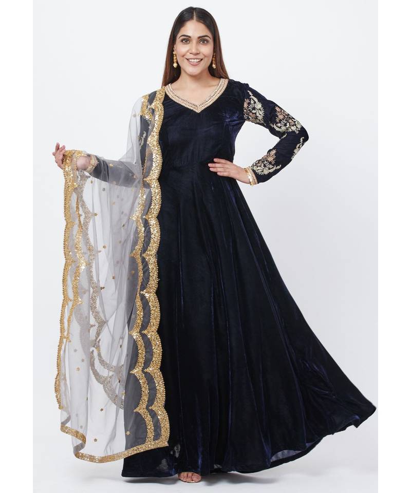 Navy Blue Velvet Floor Length Anarkali with Embroidered Sleeves and Sequenced Dupatta