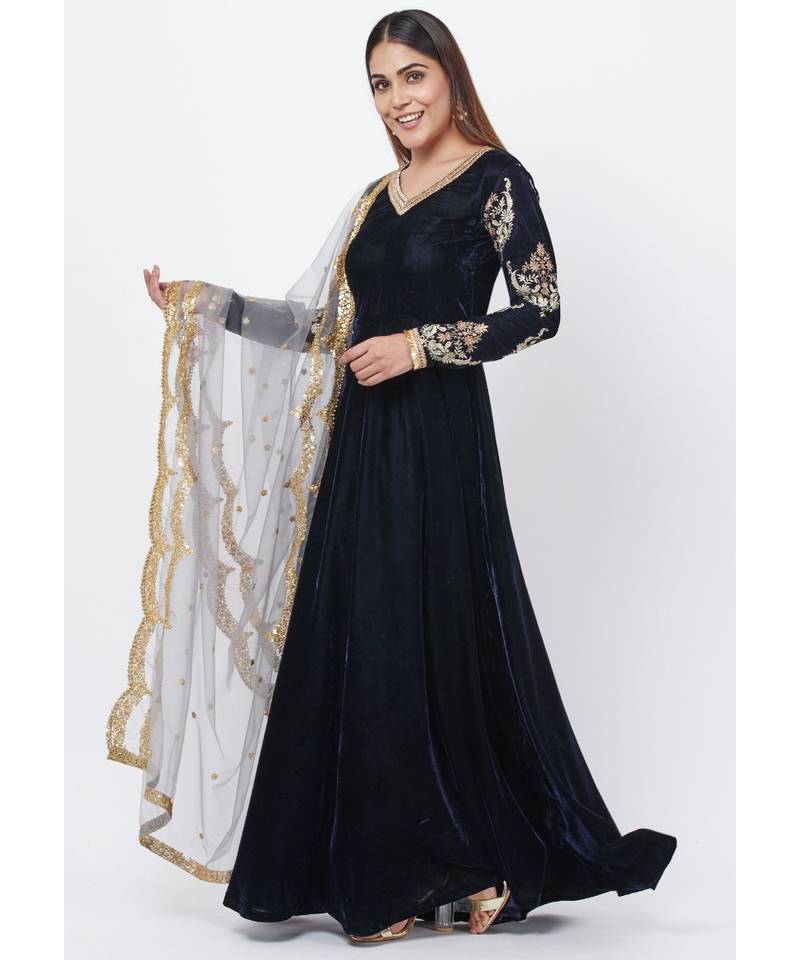 Navy Blue Velvet Floor Length Anarkali with Embroidered Sleeves and Sequenced Dupatta