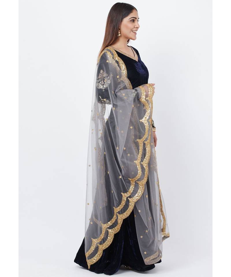 Navy Blue Velvet Floor Length Anarkali with Embroidered Sleeves and Sequenced Dupatta