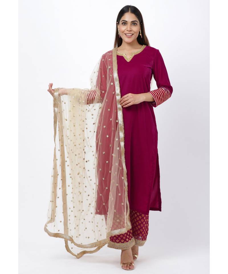 Magenta Addict Velvet Kurti with Banarsi Palazzo and Net Sequenced Dupatta