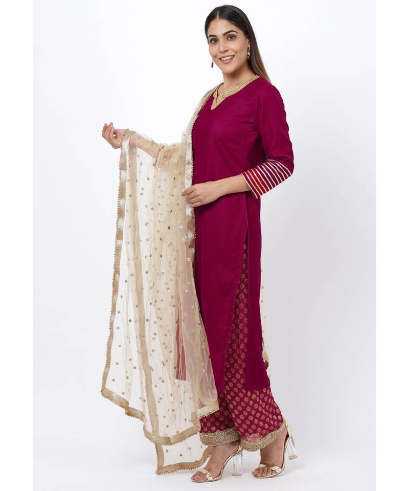 Magenta Addict Velvet Kurti with Banarsi Palazzo and Net Sequenced Dupatta