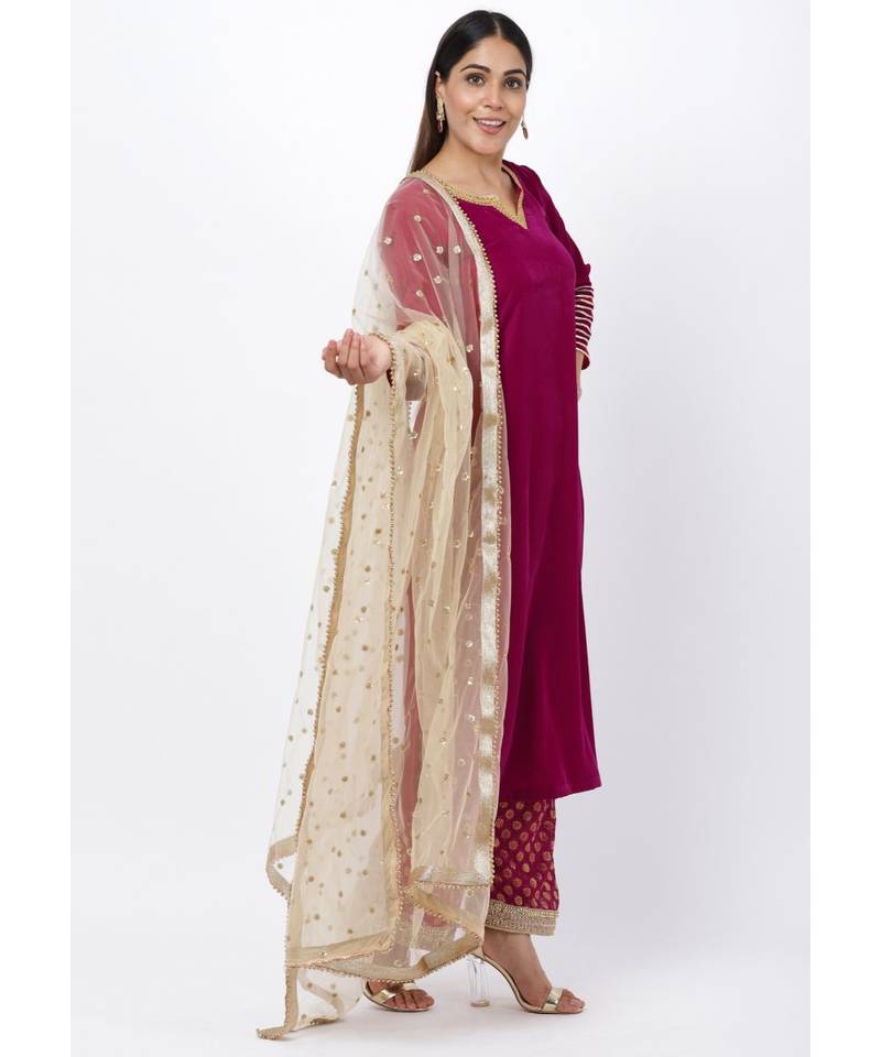 Magenta Addict Velvet Kurti with Banarsi Palazzo and Net Sequenced Dupatta