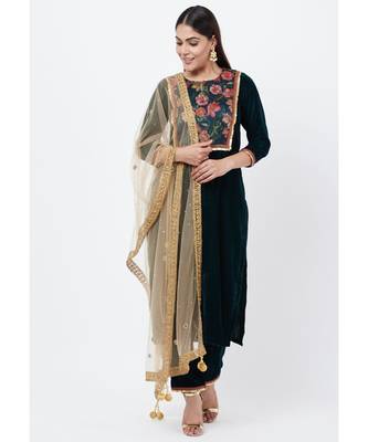 Green Floral Printed Velvet Kurti with Straight Palazzo 1
