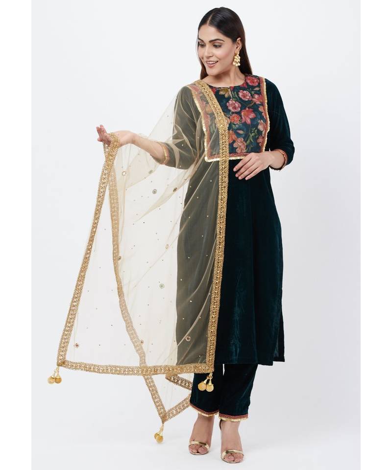 Green Floral Printed Velvet Kurti with Straight Palazzo