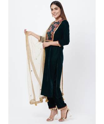 Green Floral Printed Velvet Kurti with Straight Palazzo 3