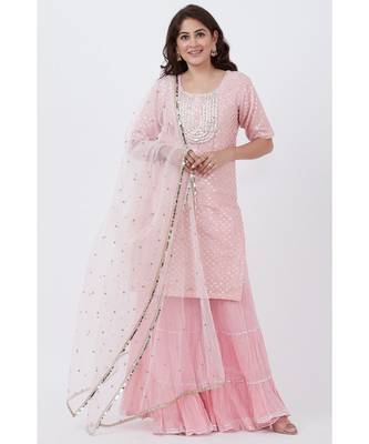 Baby Pink Love Short Kurti with Crushed Sharara and Net Dupatta 1