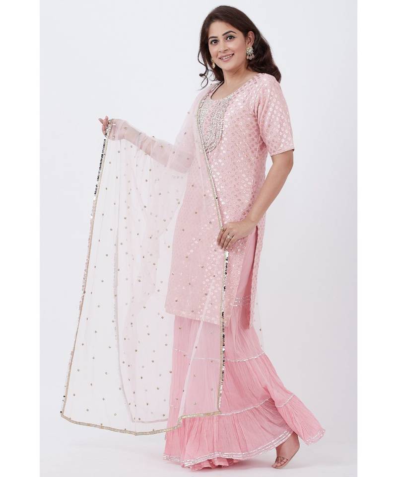 Baby Pink Love Short Kurti with Crushed Sharara and Net Dupatta