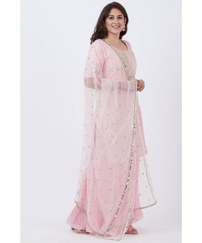 Baby Pink Love Short Kurti with Crushed Sharara and Net Dupatta