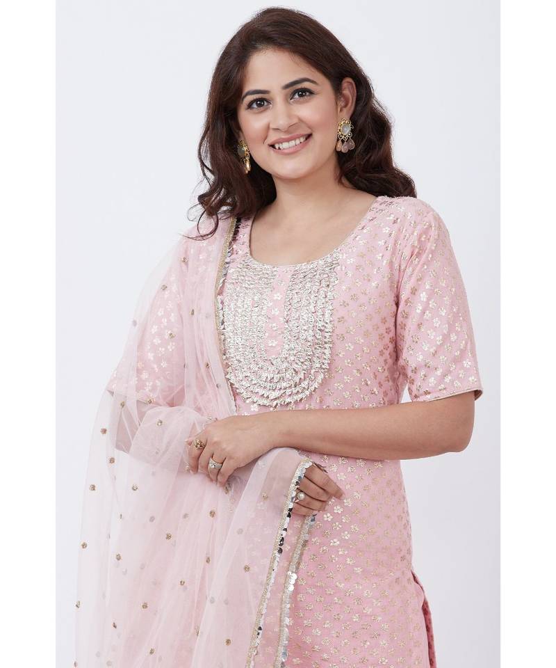 Baby Pink Love Short Kurti with Crushed Sharara and Net Dupatta