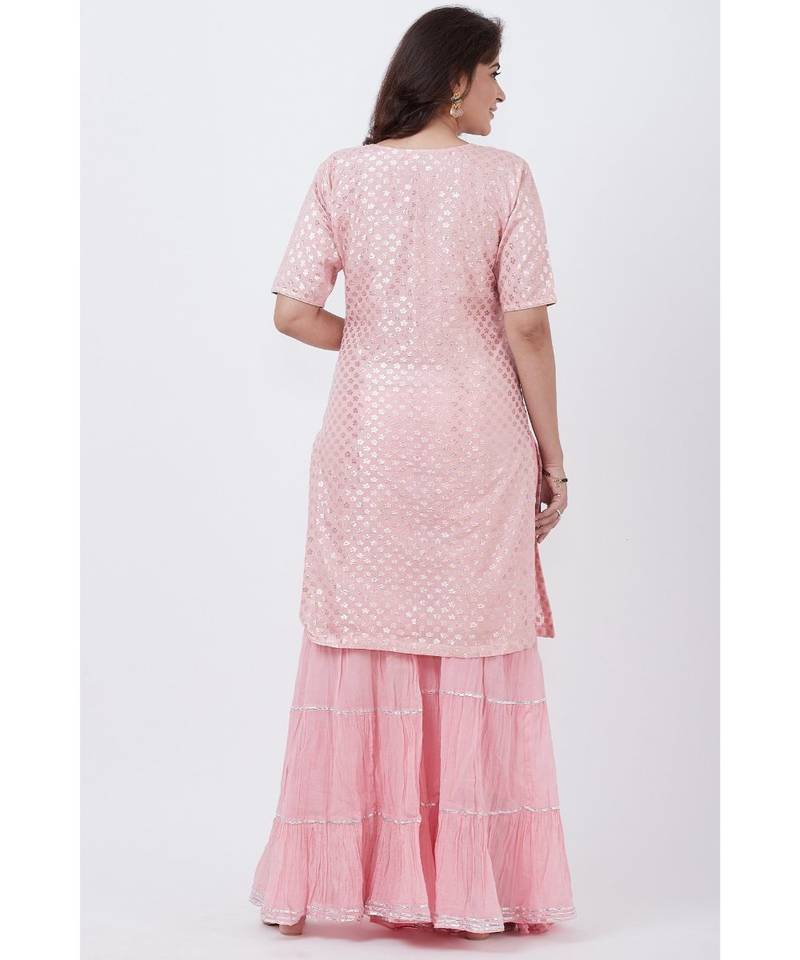 Baby Pink Love Short Kurti with Crushed Sharara and Net Dupatta