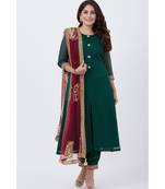 Bottle Green Kundan Button Down Kurti with Straight Pants and Maroon Paisley Dupatta