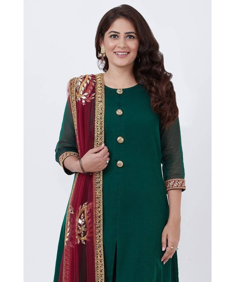Bottle Green Kundan Button Down Kurti with Straight Pants and Maroon Paisley Dupatta