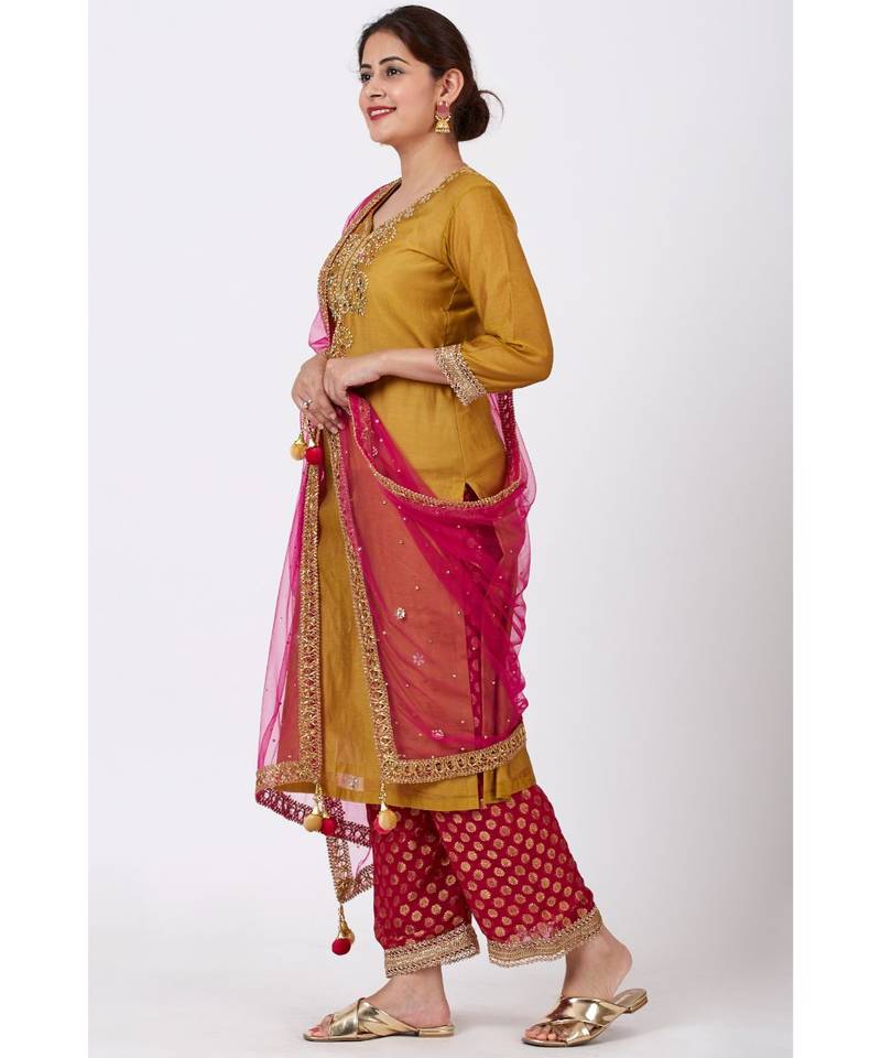 Mellow Mustard Gotta Patti Embroidered Kurti with Straight Red Banarsi Palazzo and Pink Mirror Stone Dupatta