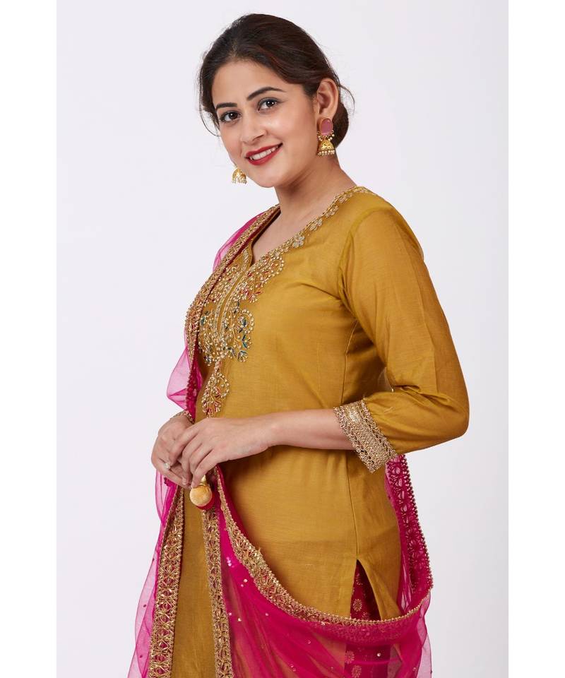 Mellow Mustard Gotta Patti Embroidered Kurti with Straight Red Banarsi Palazzo and Pink Mirror Stone Dupatta