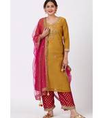 Mellow Mustard Gotta Patti Embroidered Kurti with Straight Red Banarsi Palazzo and Pink Mirror Stone Dupatta