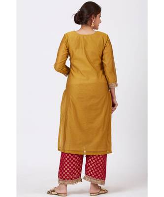 Mellow Mustard Gotta Patti Embroidered Kurti with Straight Red Banarsi Palazzo and Pink Mirror Stone Dupatta 5