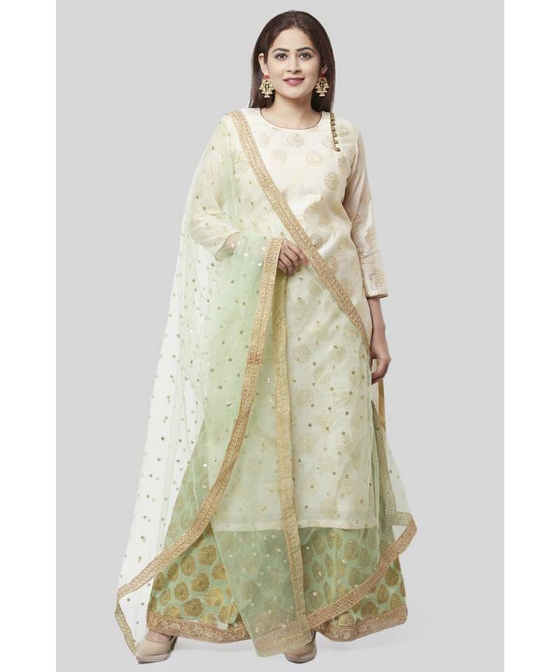 Ivory Pistachio Kurti with Kalidaar Palazzo and Net Dupatta