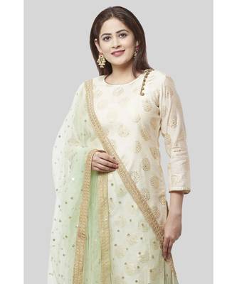 Ivory Pistachio Kurti with Kalidaar Palazzo and Net Dupatta 3