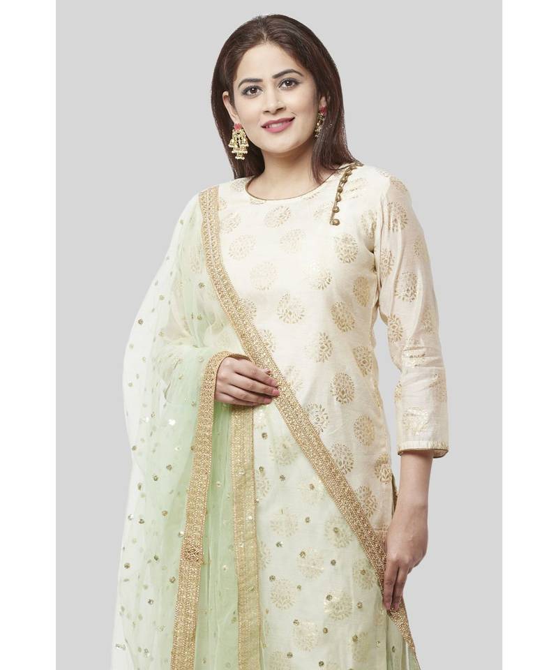 Ivory Pistachio Kurti with Kalidaar Palazzo and Net Dupatta