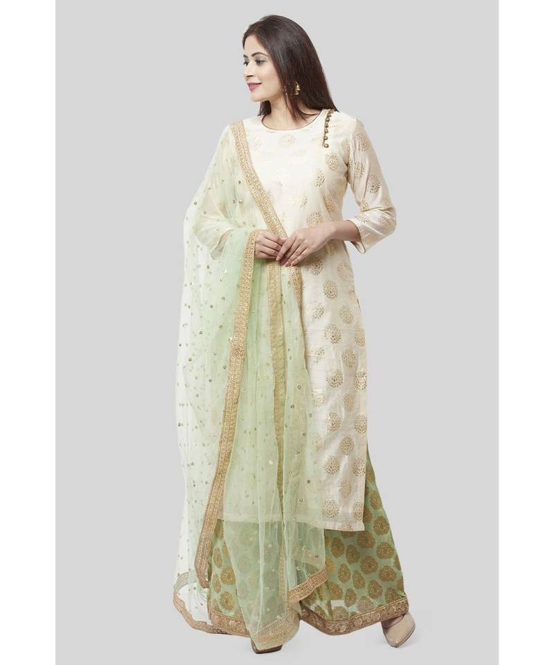 Ivory Pistachio Kurti with Kalidaar Palazzo and Net Dupatta
