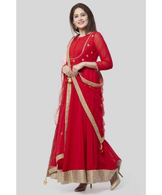 Fiery Red Georgette Floor Length Kurti with Red Mirror and Stone Dupatta 1