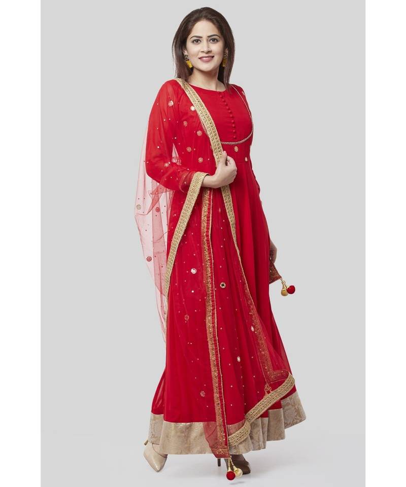 Fiery Red Georgette Floor Length Kurti with Red Mirror and Stone Dupatta