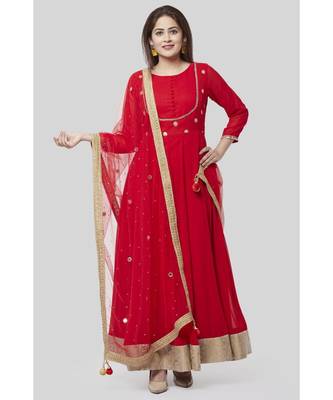 Fiery Red Georgette Floor Length Kurti with Red Mirror and Stone Dupatta 3