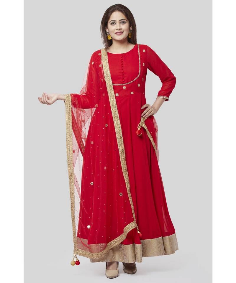 Fiery Red Georgette Floor Length Kurti with Red Mirror and Stone Dupatta