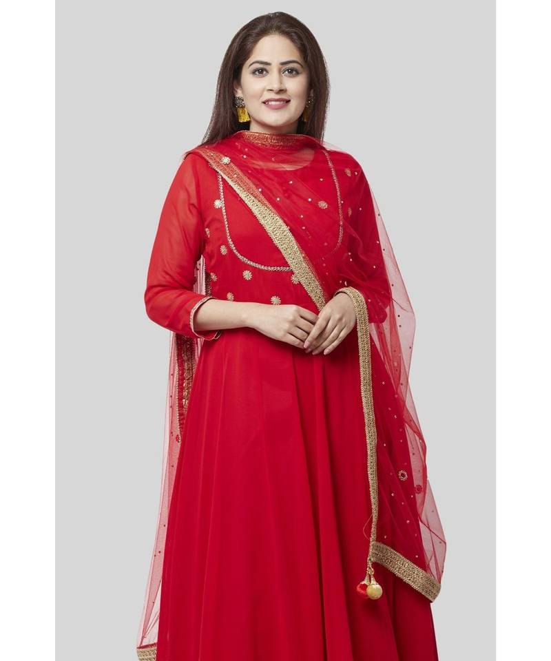 Fiery Red Georgette Floor Length Kurti with Red Mirror and Stone Dupatta