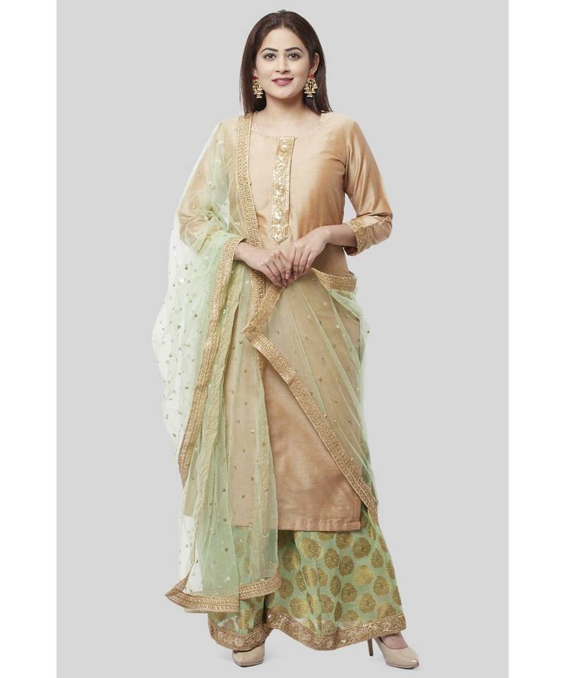 Pistachio Gold Kurti with Kalidaar Palazzo and Sequenced Net Dupatta