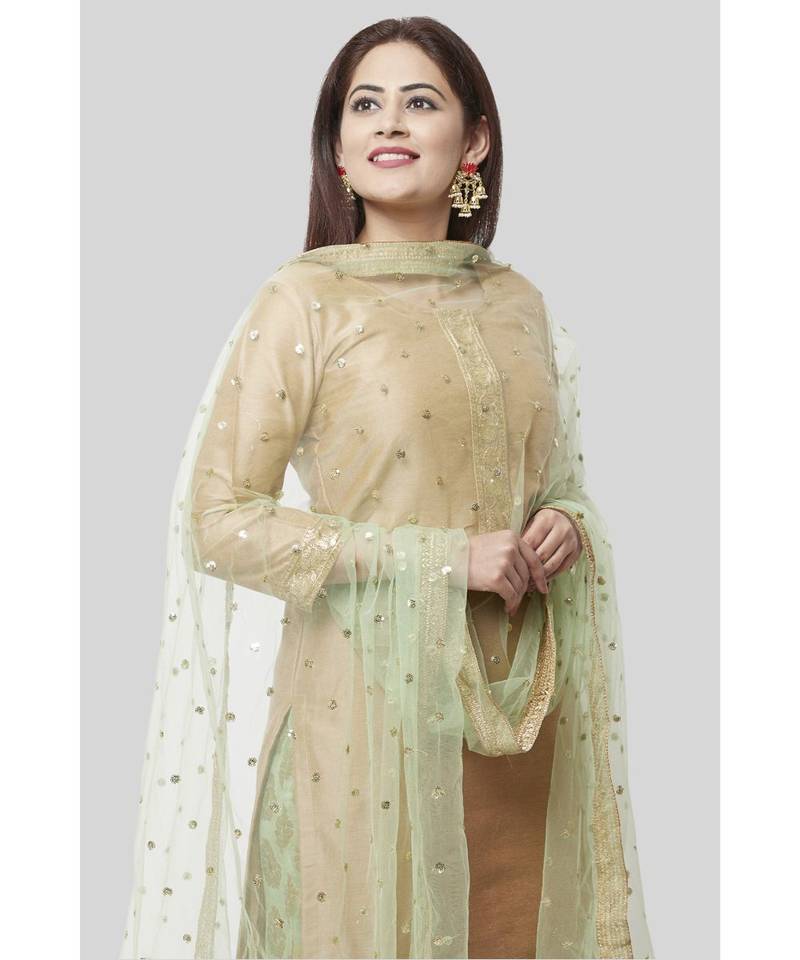 Pistachio Gold Kurti with Kalidaar Palazzo and Sequenced Net Dupatta