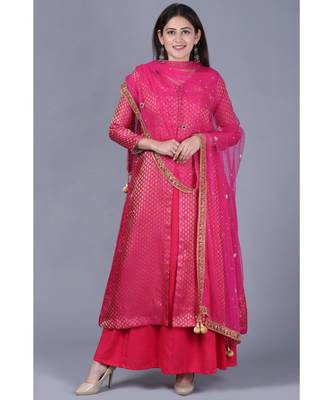 Pink Brocade Double Layered Jacket Style Kurti with Pink Mirror Stone Net Dupatta 1