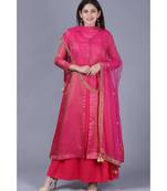 Pink Brocade Double Layered Jacket Style Kurti with Pink Mirror Stone Net Dupatta