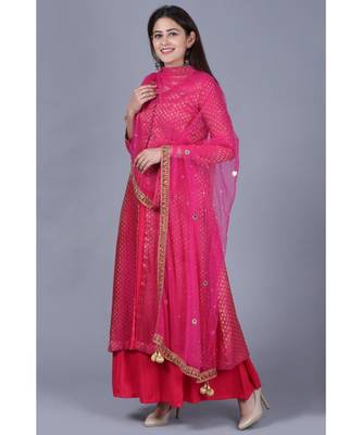 Pink Brocade Double Layered Jacket Style Kurti with Pink Mirror Stone Net Dupatta 2
