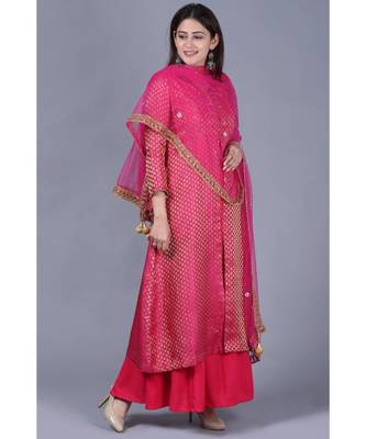 Pink Brocade Double Layered Jacket Style Kurti with Pink Mirror Stone Net Dupatta 3