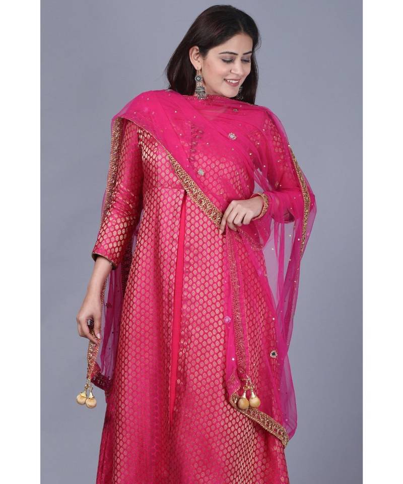 Pink Brocade Double Layered Jacket Style Kurti with Pink Mirror Stone Net Dupatta
