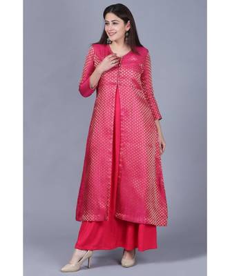 Pink Brocade Double Layered Jacket Style Kurti 1