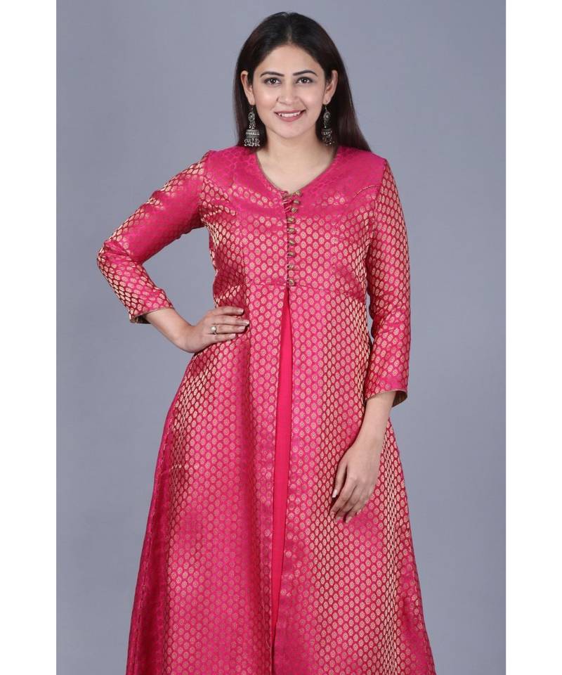 Pink Brocade Double Layered Jacket Style Kurti