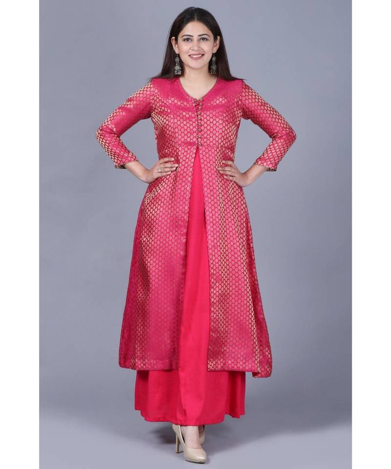 Pink Brocade Double Layered Jacket Style Kurti