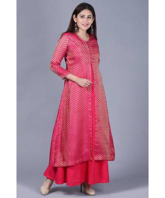 Pink Brocade Double Layered Jacket Style Kurti 4